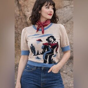 Collectif London UFO Cowgirl Novelty Knit Sweater Vintage Retro Inspired Area 51